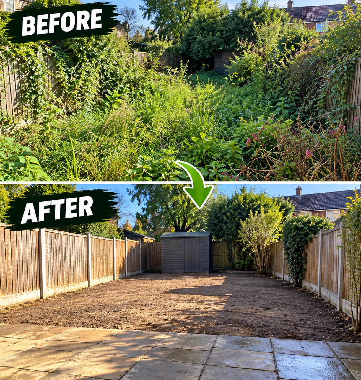 Before and after example of an overgrown garden clearance
